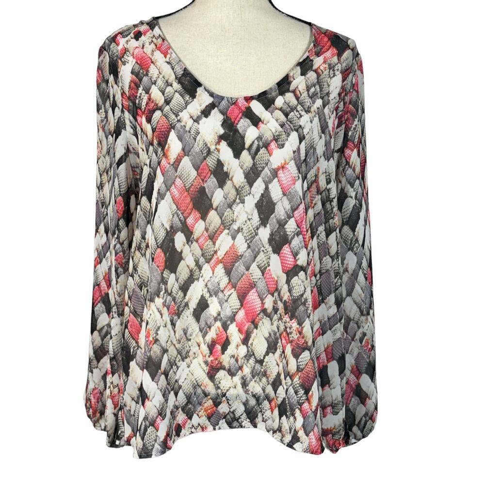 Liz Claiborne Large Top Abstract Long Balloon Sleeves Semi-Sheer Lightweight